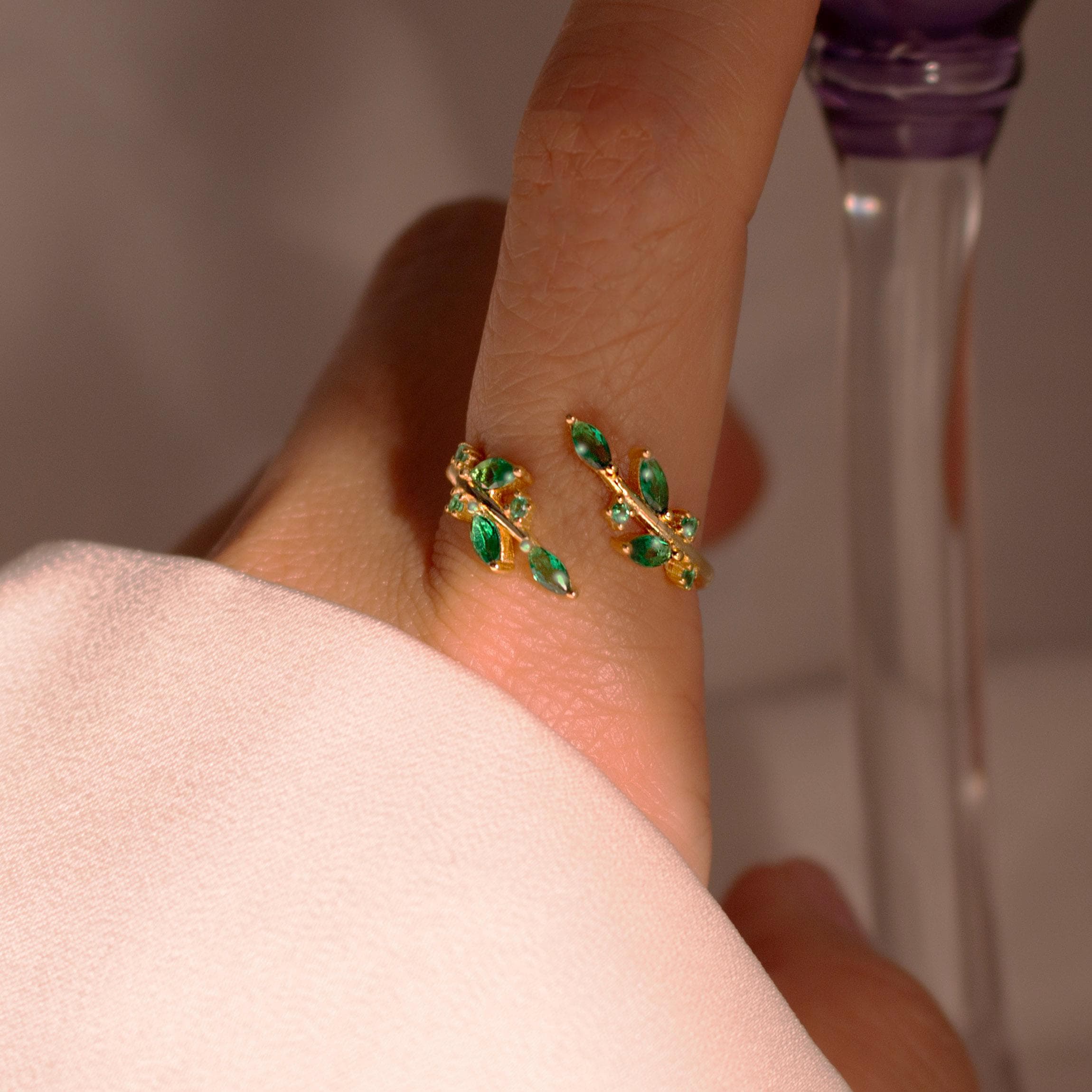 Emerald Leaf Ring 925 Sterling Silver May birth ring Adjustable Everyday Jewelry, Birthstone Personalized Gift