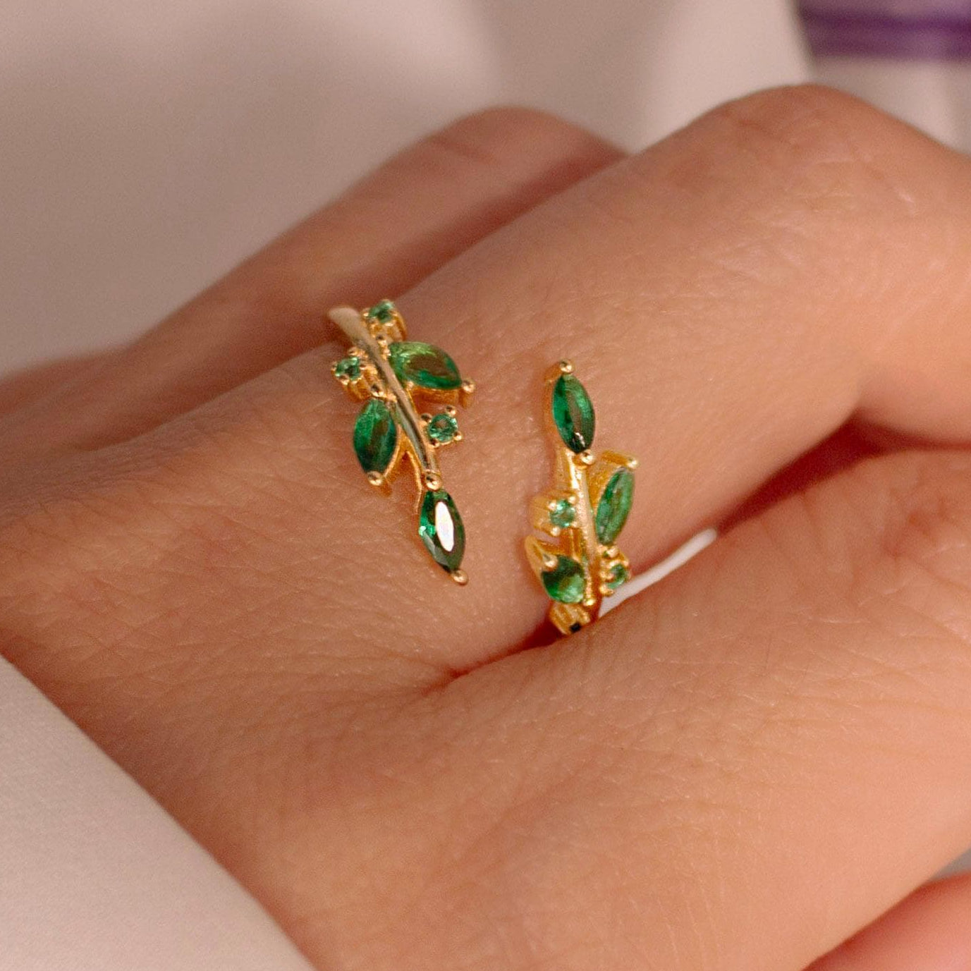 Emerald Leaf Ring 925 Sterling Silver May birth ring Adjustable Everyday Jewelry, Birthstone Personalized Gift