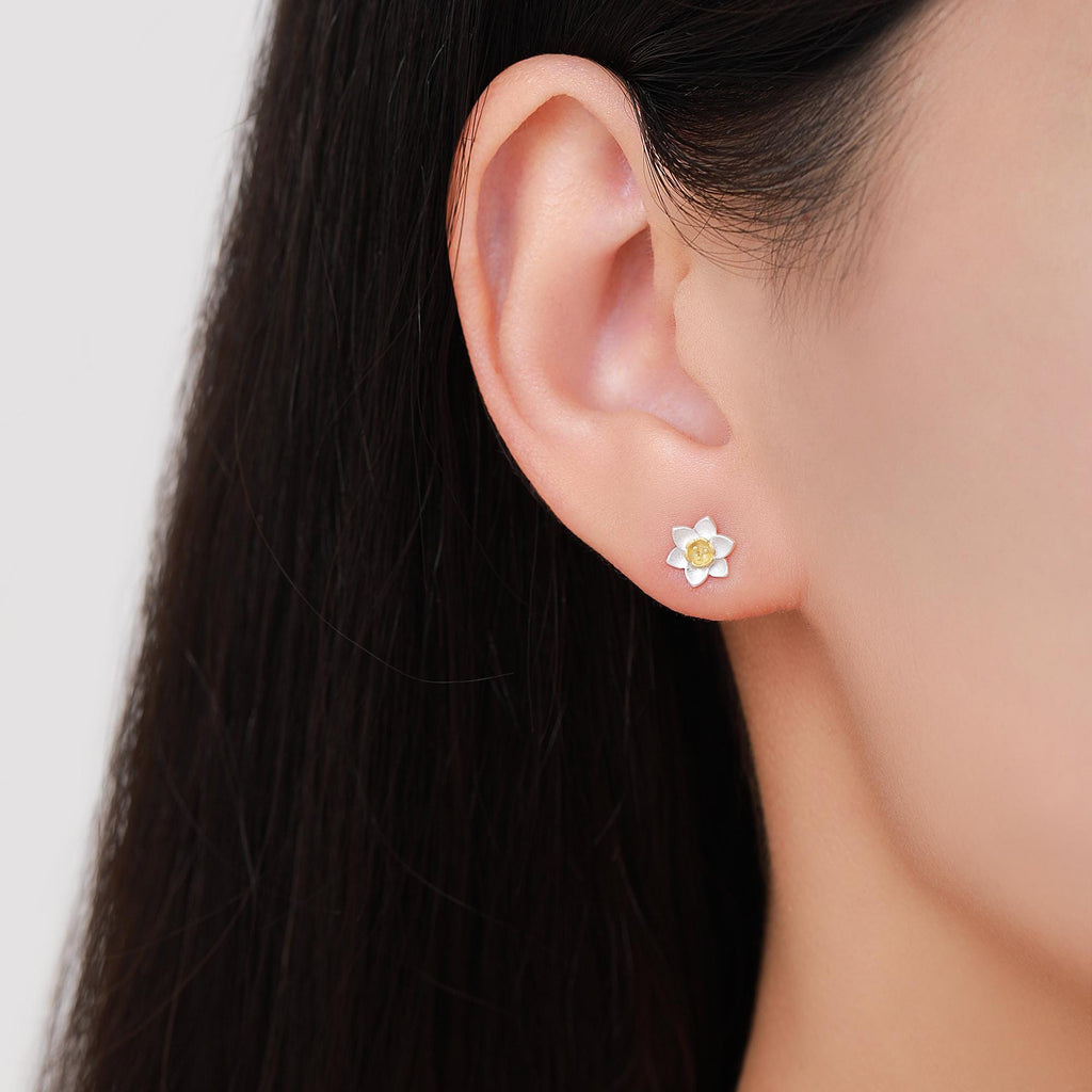 Sterling Silver Daffodil Flower Jewellery, Pretty and Cute Blossom Flower Stud Earrings , Sand Blasted Finish with Partial 18ct Gold Plating