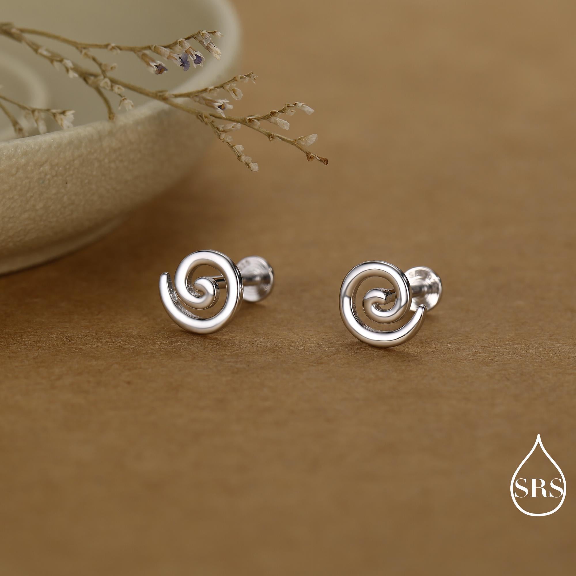 Koru Circle Spiral 16G Internally Threaded Flat Back Earrings in Sterling Silver