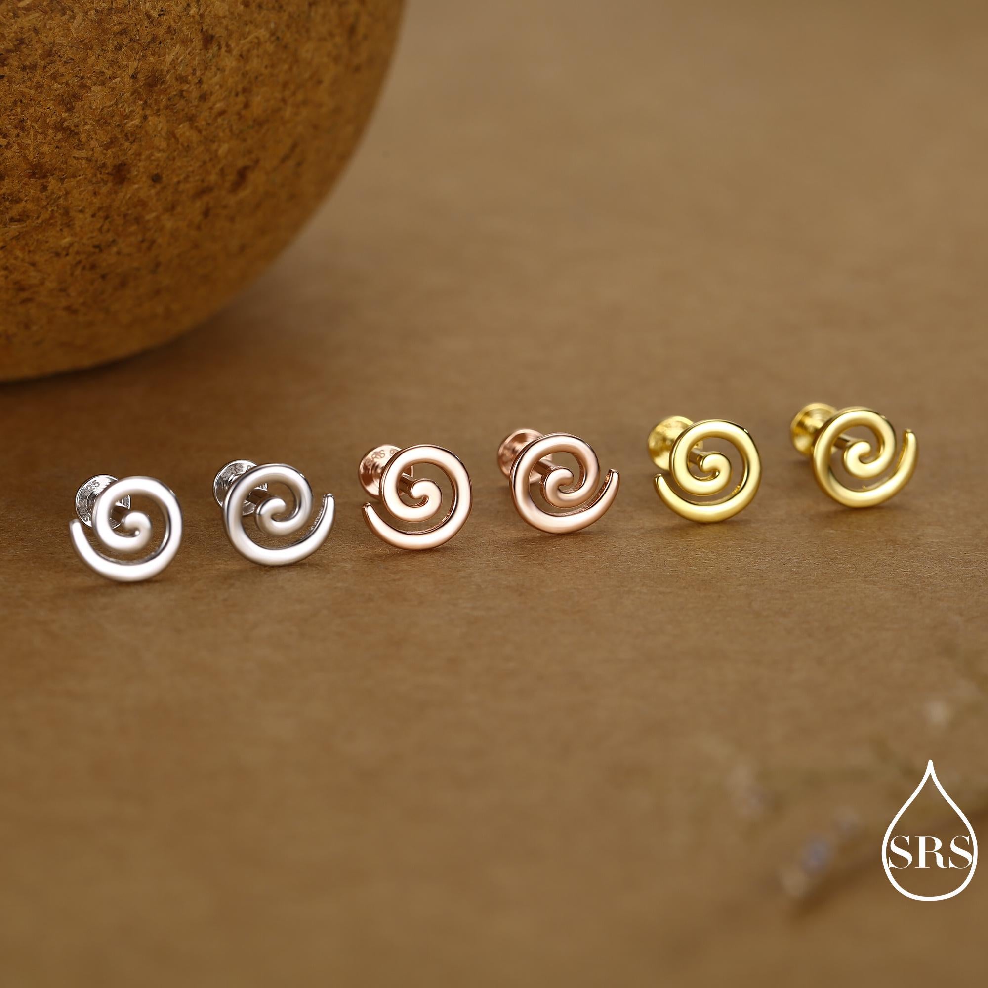 Koru Circle Spiral 16G Internally Threaded Flat Back Earrings in Sterling Silver
