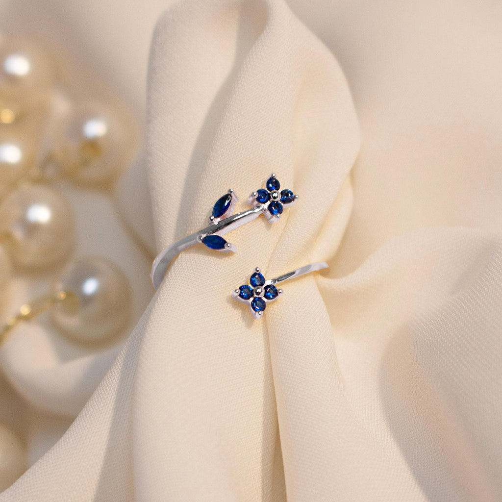 Something Blue Ring 925 Sterling Silver Adjustable Gold Plated, Dainty Gift for Her, Free Size Floral Jewelry