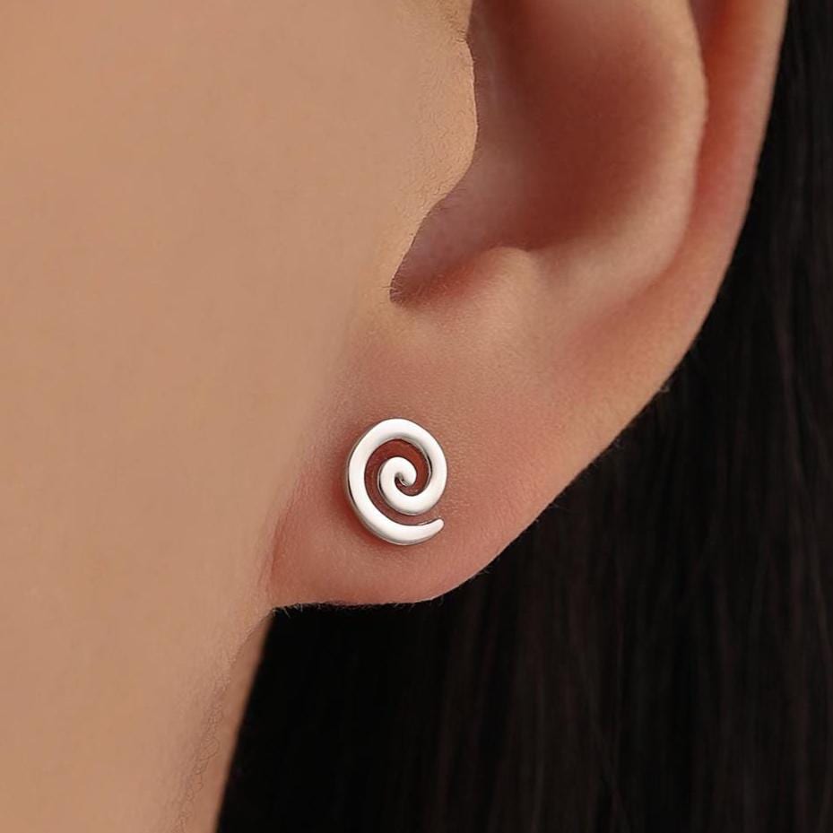 Koru Circle Spiral 16G Internally Threaded Flat Back Earrings in Sterling Silver