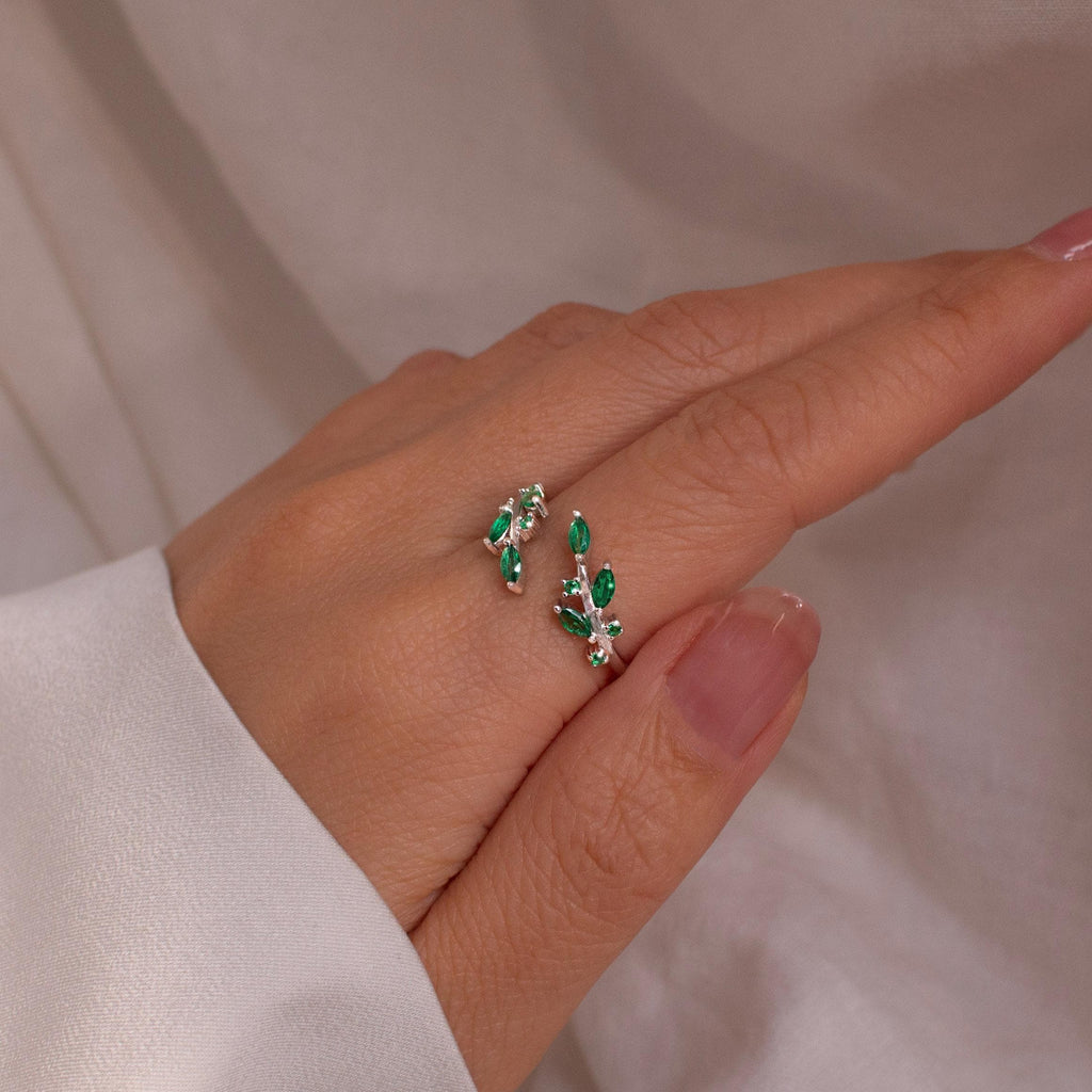 Emerald Leaf Ring 925 Sterling Silver May birth ring Adjustable Everyday Jewelry, Birthstone Personalized Gift
