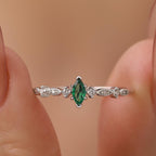 Vintage Inspired Emerald Green CZ Ring in Sterling Silver, Marquise Ring, Delicate Emerald Ring, Size US 5