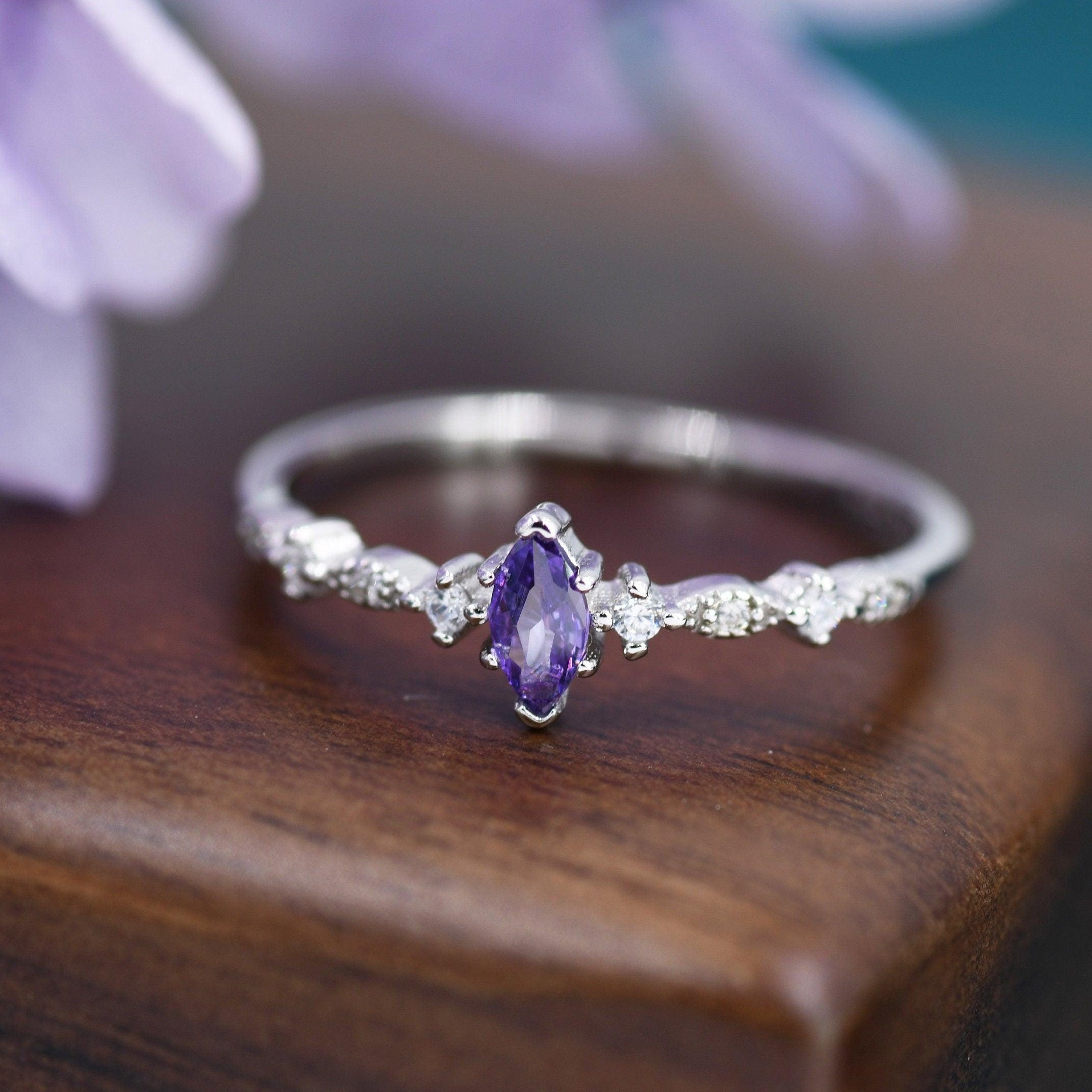 Vintage Inspired Amethyst Purple CZ Ring in Sterling Silver, Marquise Ring, Delicate Amethyst Ring, Size US 5