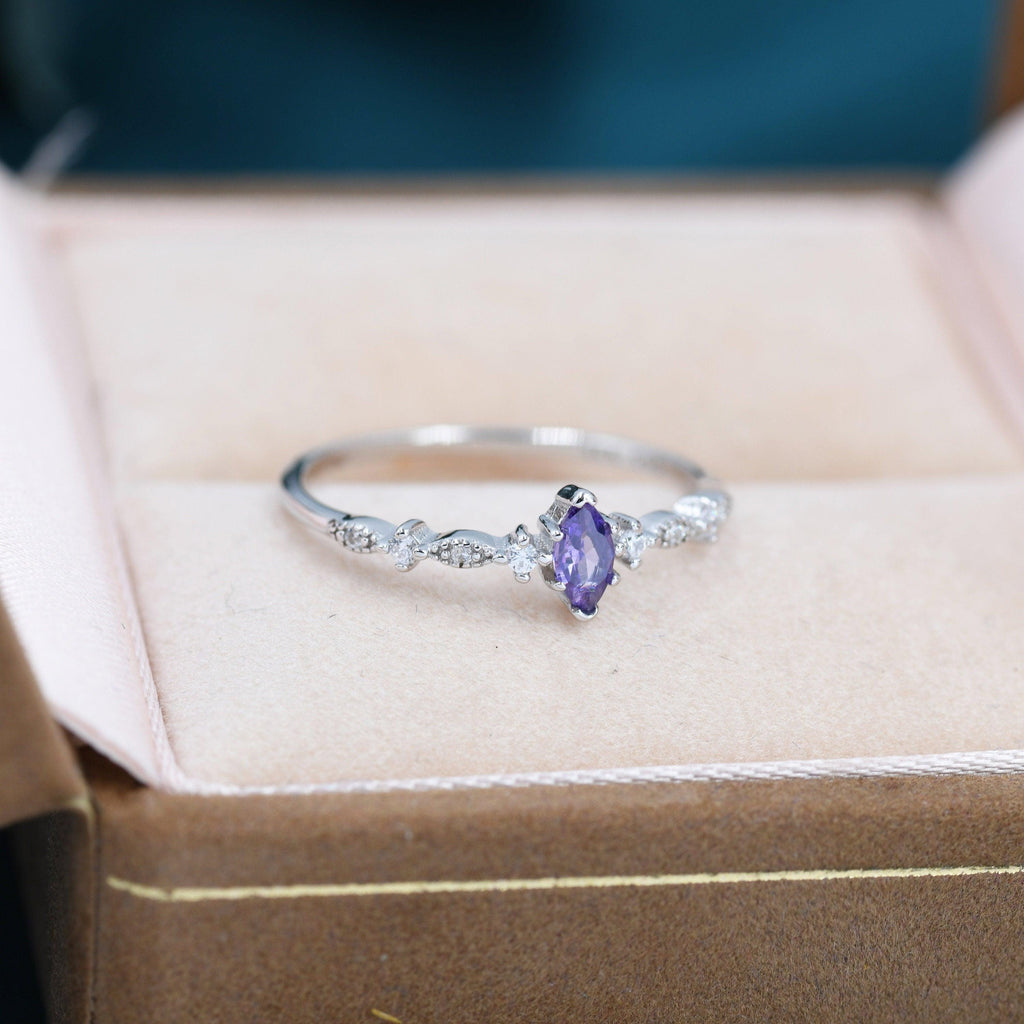 Vintage Inspired Amethyst Purple CZ Ring in Sterling Silver, Marquise Ring, Delicate Amethyst Ring, Size US 5
