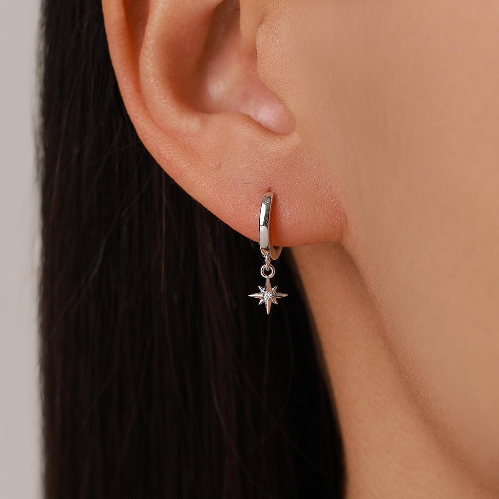 Tiny CZ Starburst Huggie Hoop Earrings in Sterling Silver, Silver, Gold or Rose Gold, North Star Earrings, Sunburst Earrings, Celestial