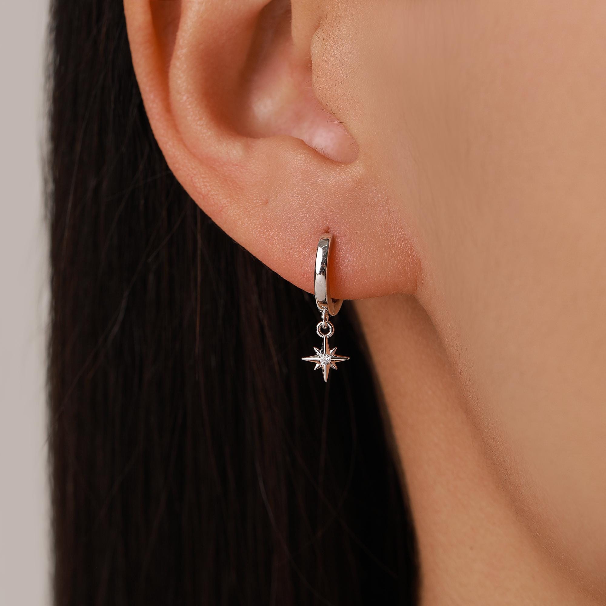Tiny CZ Starburst Huggie Hoop Earrings in Sterling Silver, Silver, Gold or Rose Gold, North Star Earrings, Sunburst Earrings, Celestial