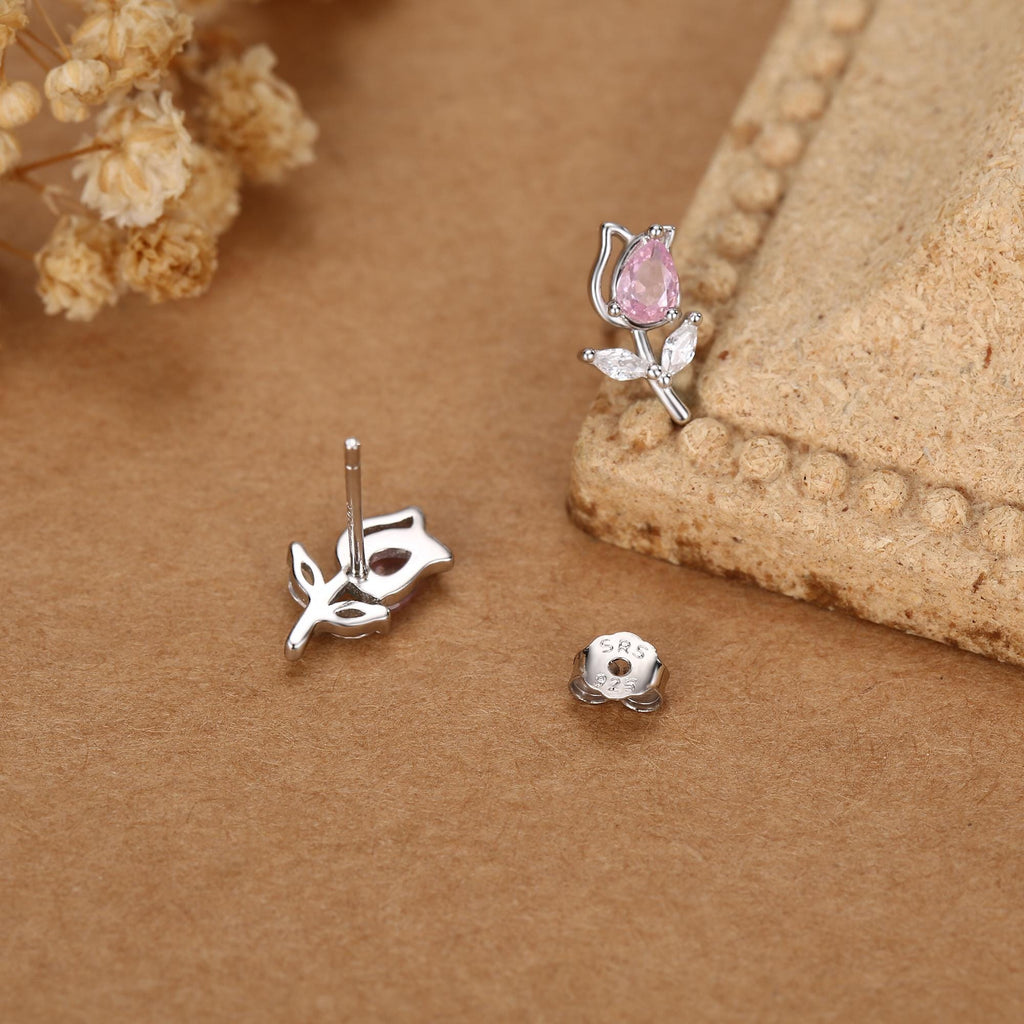 Sterling Silver Tulip Flower CZ Stud Earrings, Silver, Gold or Rose Gold, Pink Tulip Earrings, Floral Earrings, Blossom Earrings, Nature