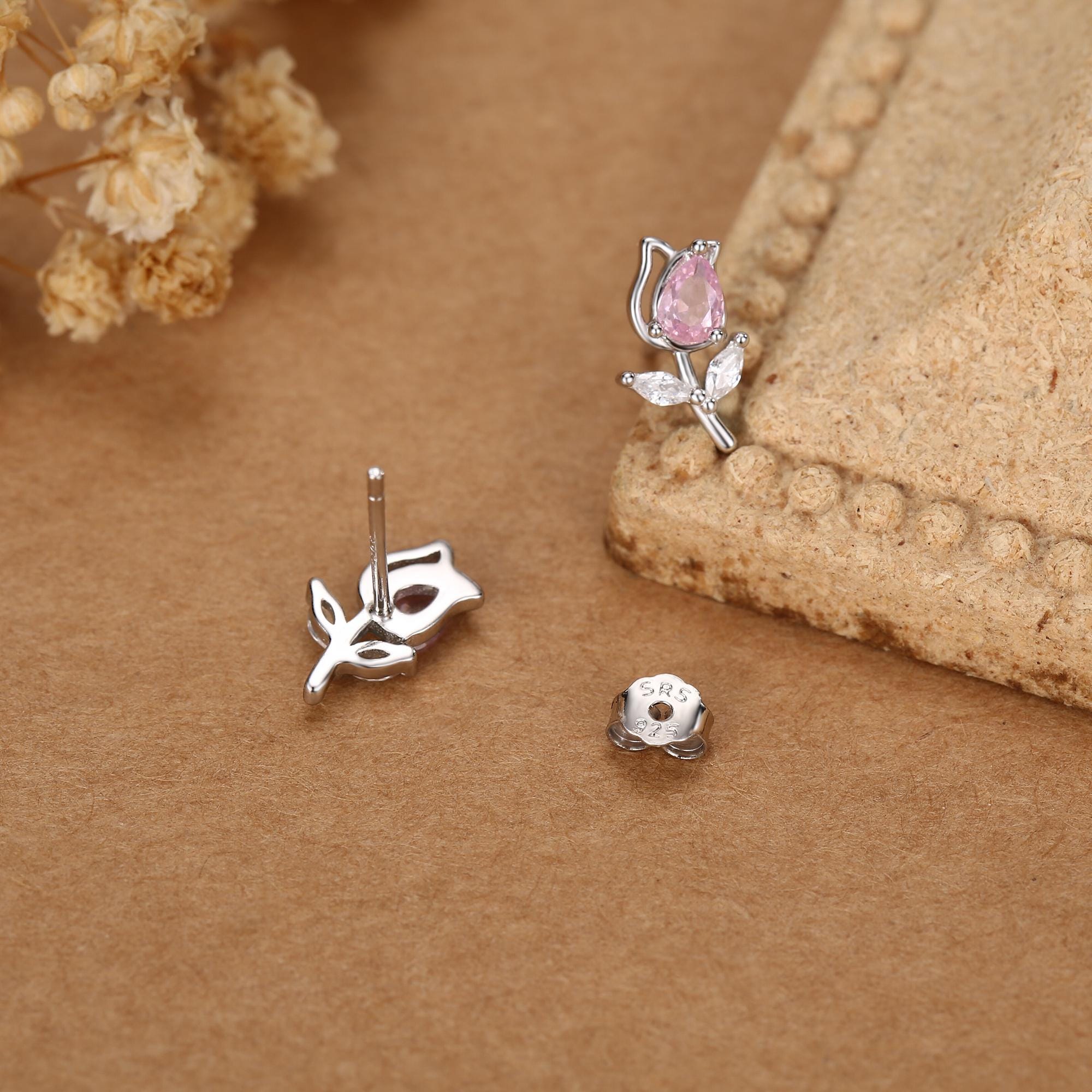 Sterling Silver Tulip Flower CZ Stud Earrings, Silver, Gold or Rose Gold, Pink Tulip Earrings, Floral Earrings, Blossom Earrings, Nature