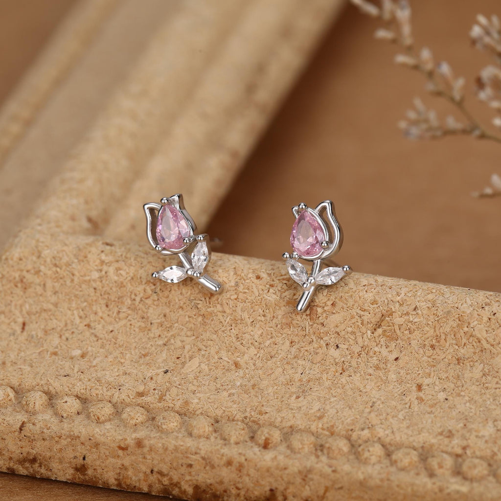 Sterling Silver Tulip Flower CZ Stud Earrings, Silver, Gold or Rose Gold, Pink Tulip Earrings, Floral Earrings, Blossom Earrings, Nature