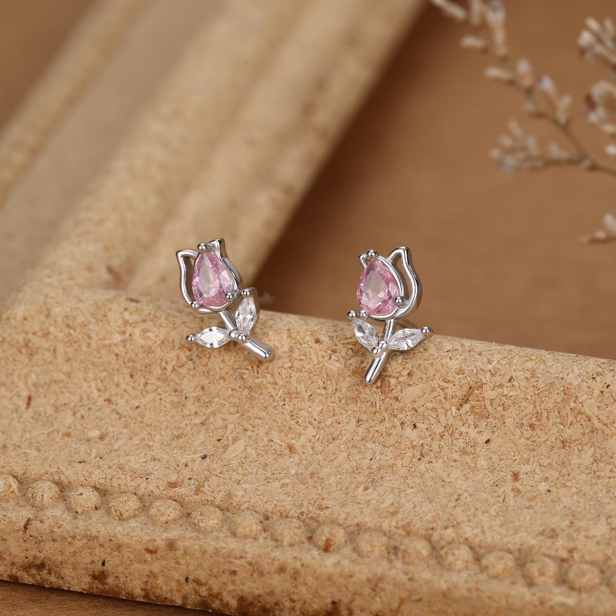 Sterling Silver Tulip Flower CZ Stud Earrings, Silver, Gold or Rose Gold, Pink Tulip Earrings, Floral Earrings, Blossom Earrings, Nature