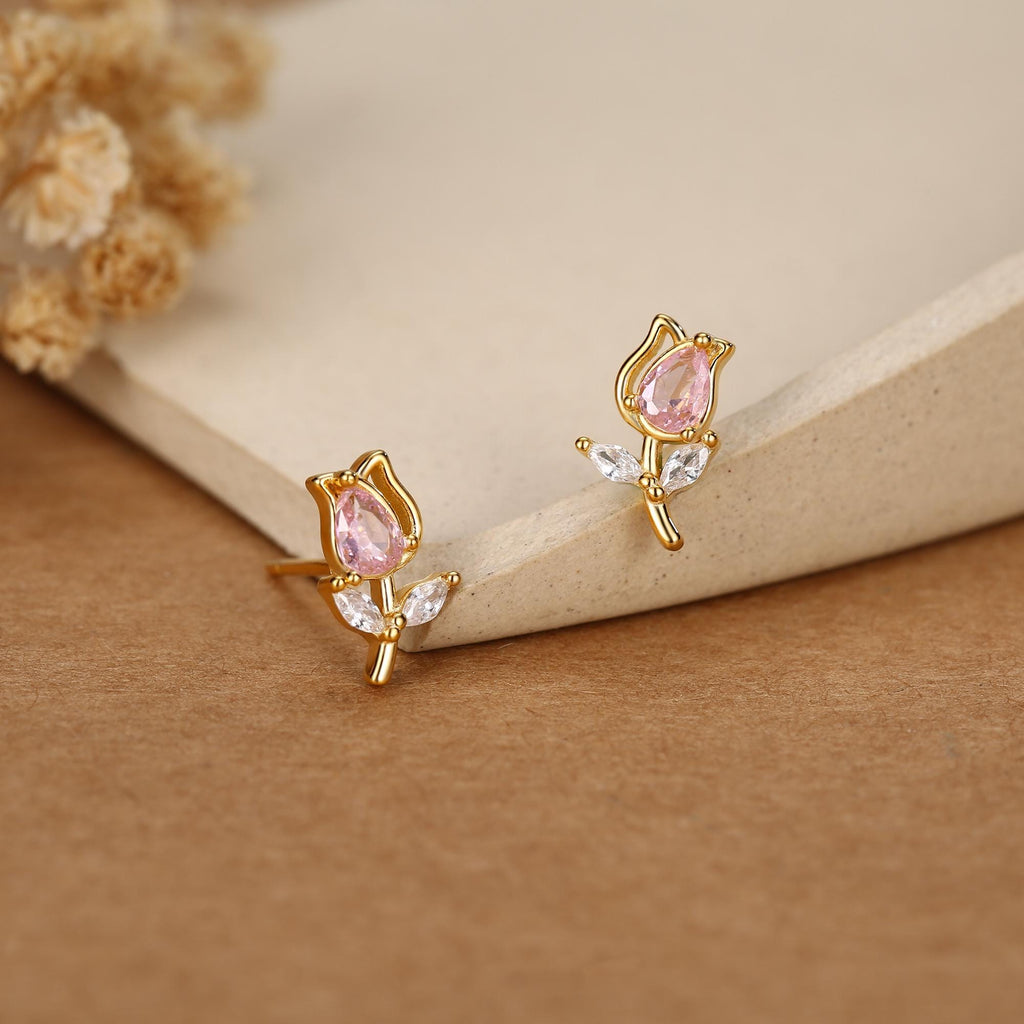 Sterling Silver Tulip Flower CZ Stud Earrings, Silver, Gold or Rose Gold, Pink Tulip Earrings, Floral Earrings, Blossom Earrings, Nature