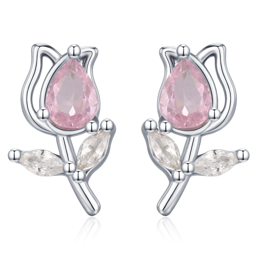 Sterling Silver Tulip Flower CZ Stud Earrings, Silver, Gold or Rose Gold, Pink Tulip Earrings, Floral Earrings, Blossom Earrings, Nature
