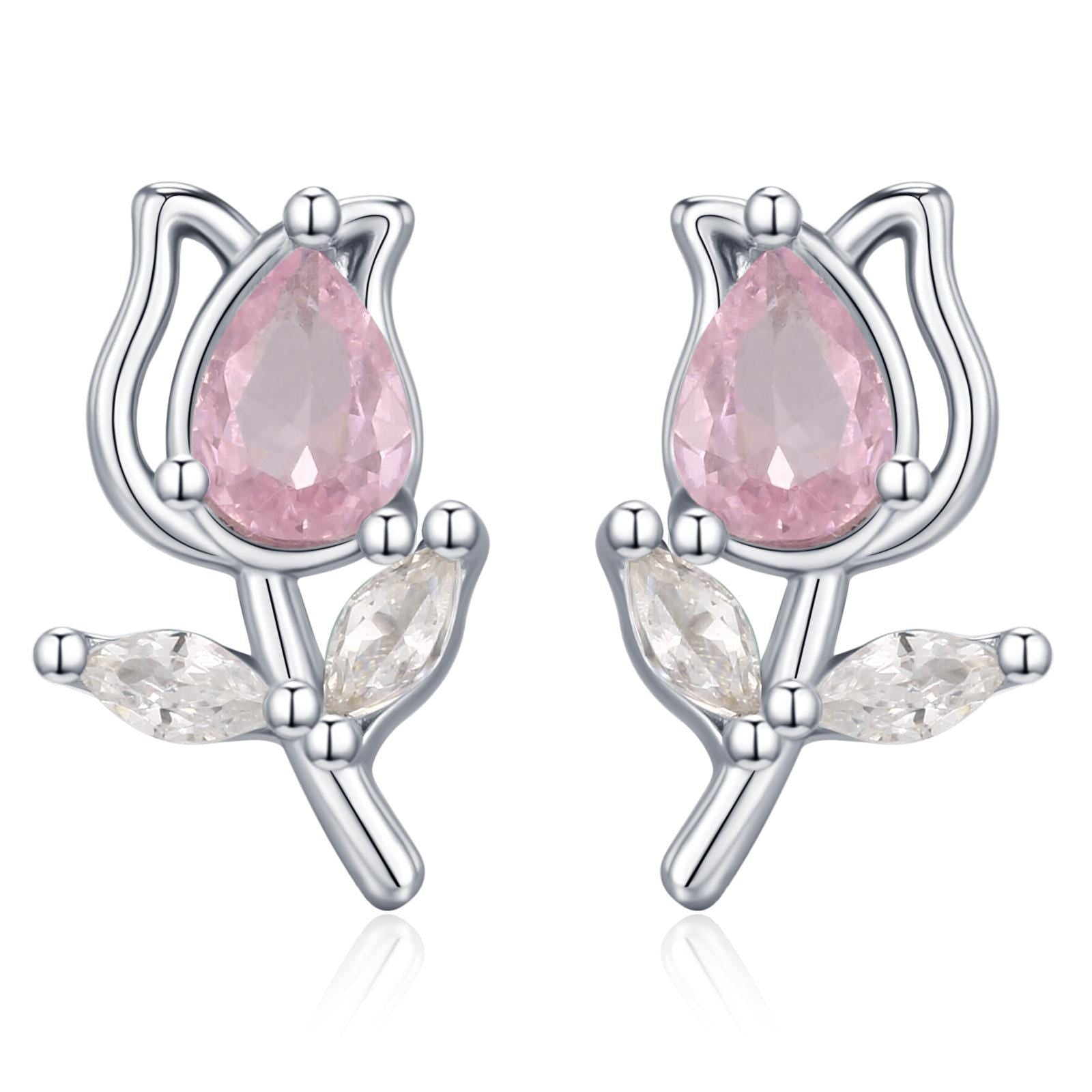 Sterling Silver Tulip Flower CZ Stud Earrings, Silver, Gold or Rose Gold, Pink Tulip Earrings, Floral Earrings, Blossom Earrings, Nature