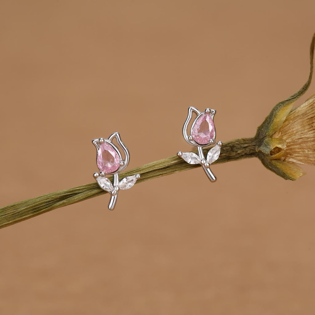 Sterling Silver Tulip Flower CZ Stud Earrings, Silver, Gold or Rose Gold, Pink Tulip Earrings, Floral Earrings, Blossom Earrings, Nature