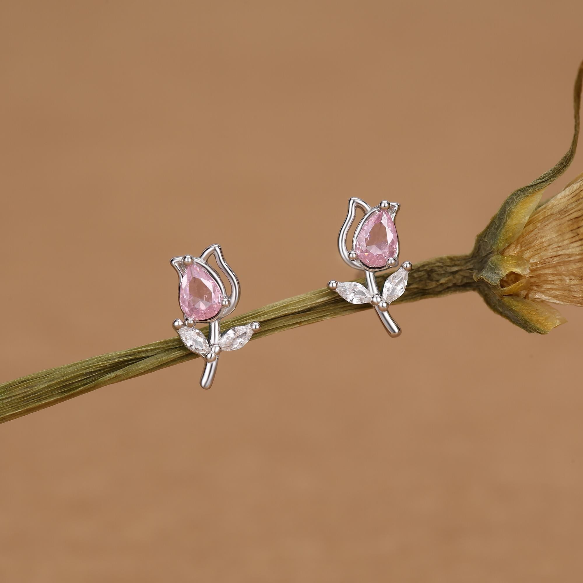Sterling Silver Tulip Flower CZ Stud Earrings, Silver, Gold or Rose Gold, Pink Tulip Earrings, Floral Earrings, Blossom Earrings, Nature
