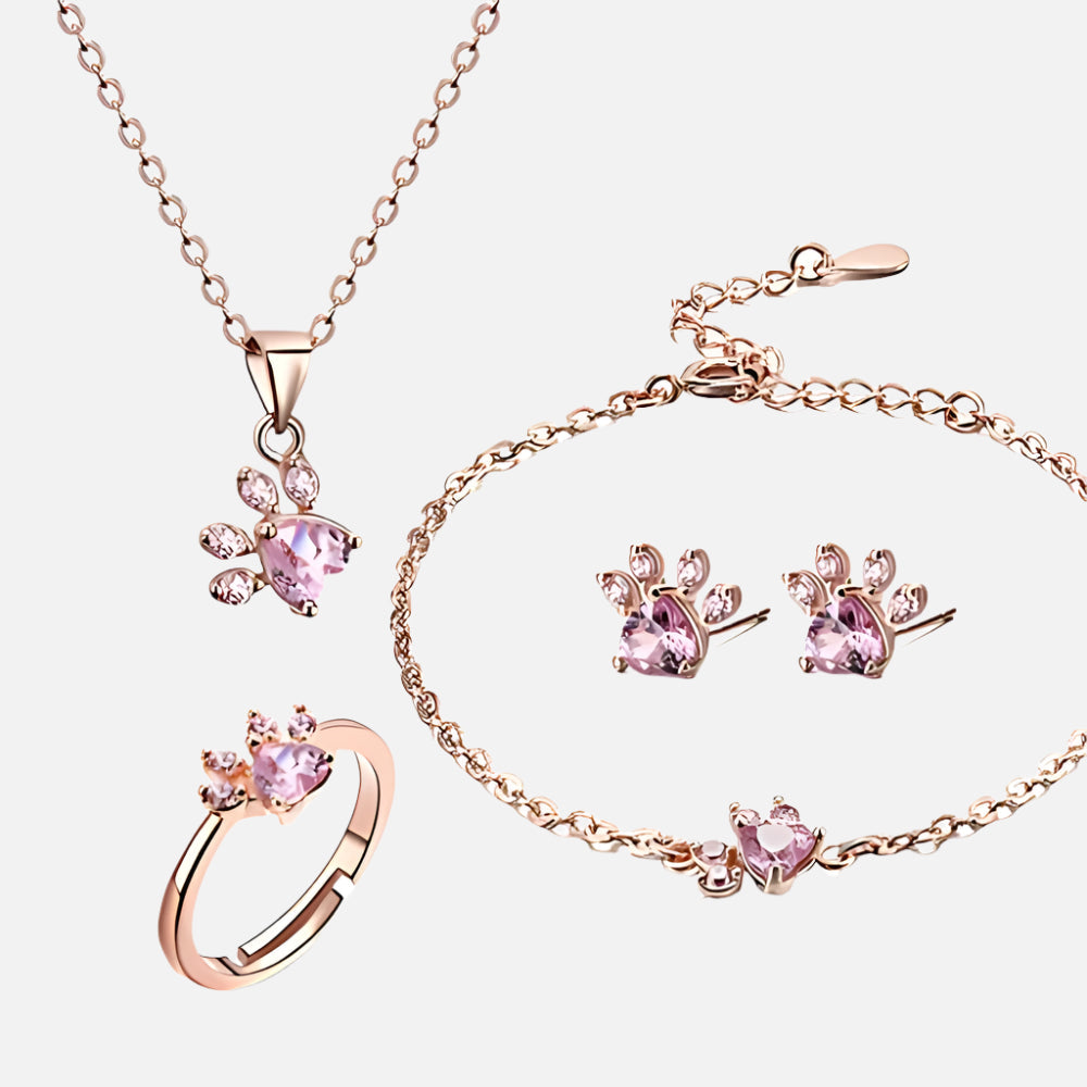 Rose Gold Paw Jewelry Set – 4 Pieces With Zirconia Heart (Ring, Necklace, Earrings, Bracelet)