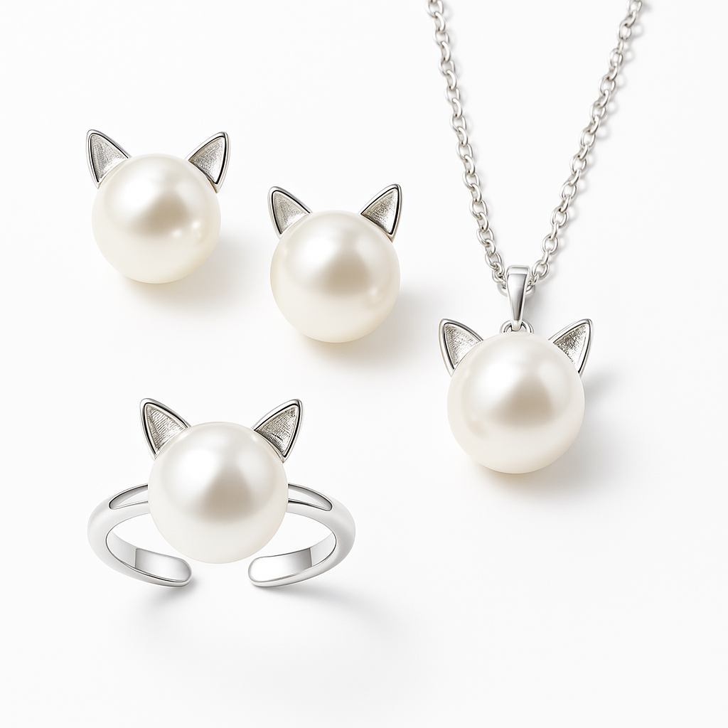 Beautiful Pearl Cat Necklace With Bonus Earrings + Ring