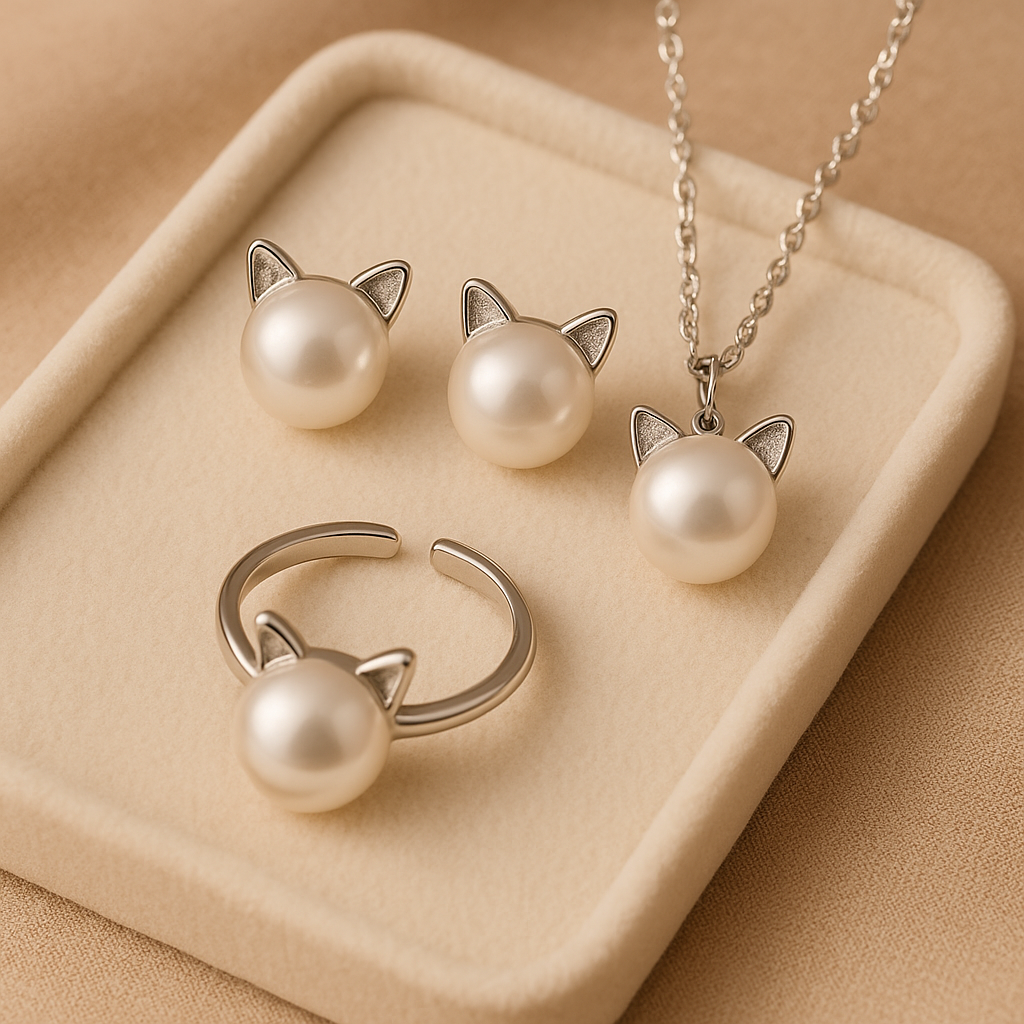 Beautiful Pearl Cat Necklace With Bonus Earrings + Ring