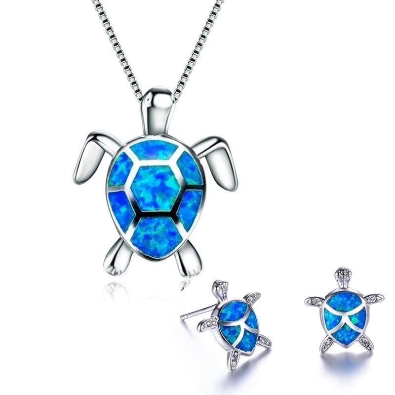 Sea Turtle Necklace + Earrings Set In Opal And Silver