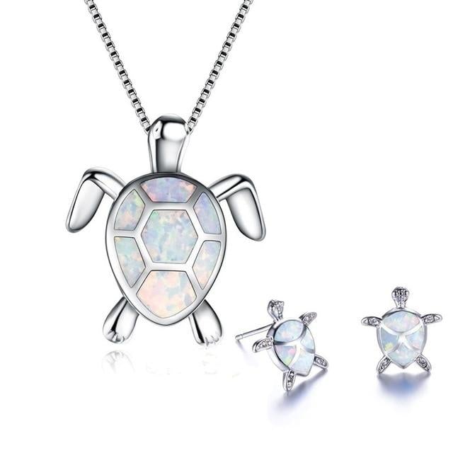 Sea Turtle Necklace + Earrings Set In Opal And Silver