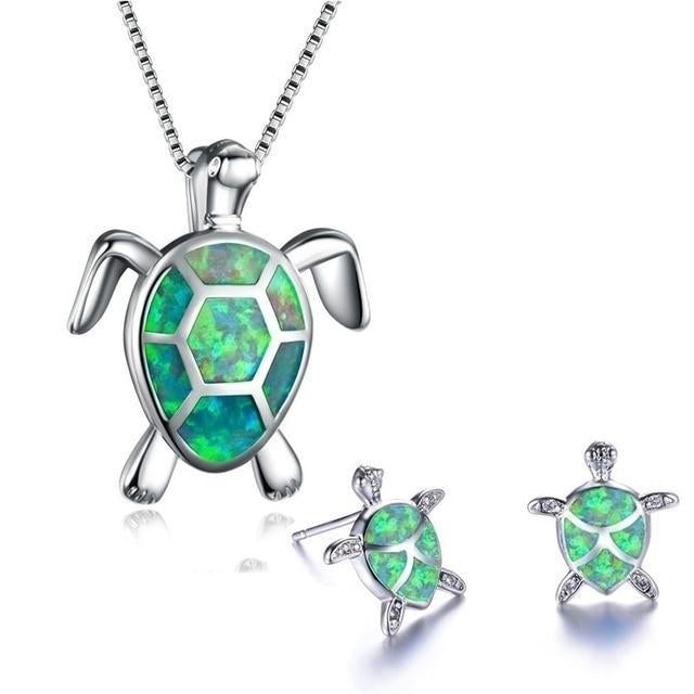Sea Turtle Necklace + Earrings Set In Opal And Silver