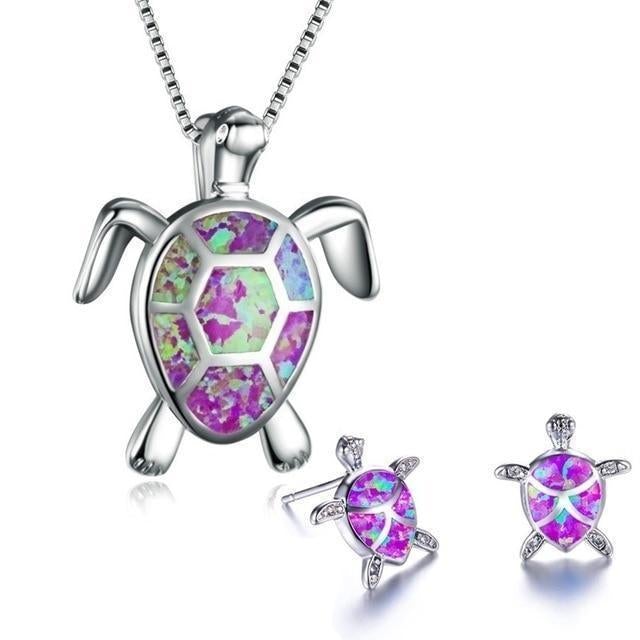 Sea Turtle Necklace + Earrings Set In Opal And Silver