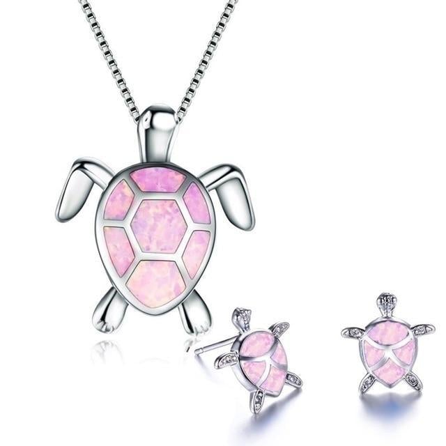Sea Turtle Necklace + Earrings Set In Opal And Silver