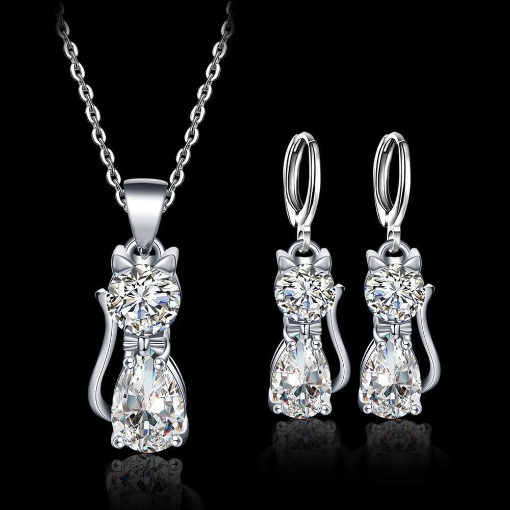 Set Necklace + Earrings Happy Cats In Sterling Silver And Polished White Zirconium