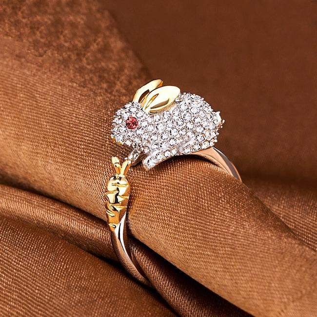 Unique Adjustable Silver Bunny And Carrot Crystal Ring