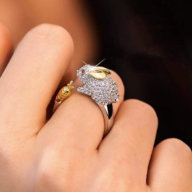 Unique Adjustable Silver Bunny And Carrot Crystal Ring