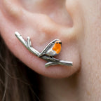 Robin Bird Ear Climbers Orange Enamel