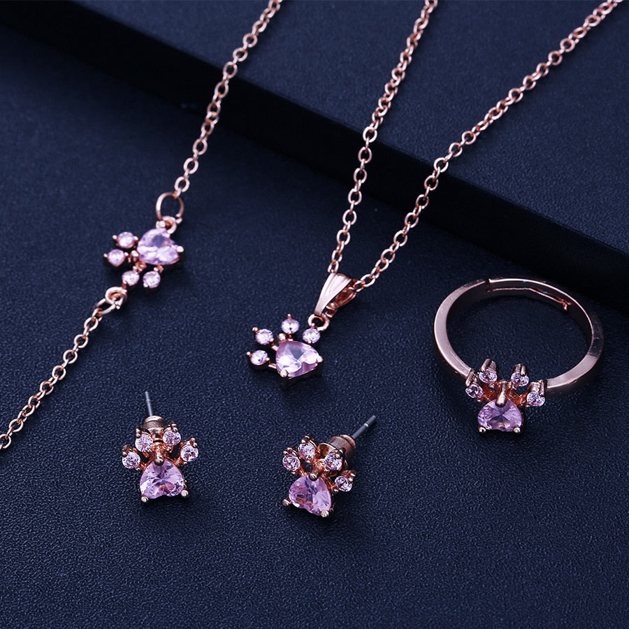 Rose Gold Paw Jewelry Set – 4 Pieces With Zirconia Heart (Ring, Necklace, Earrings, Bracelet)